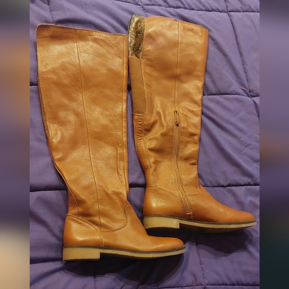 Lucky Brand Generall Tall Leather Riding Boots Fur Cuff - Picture 2 of 9